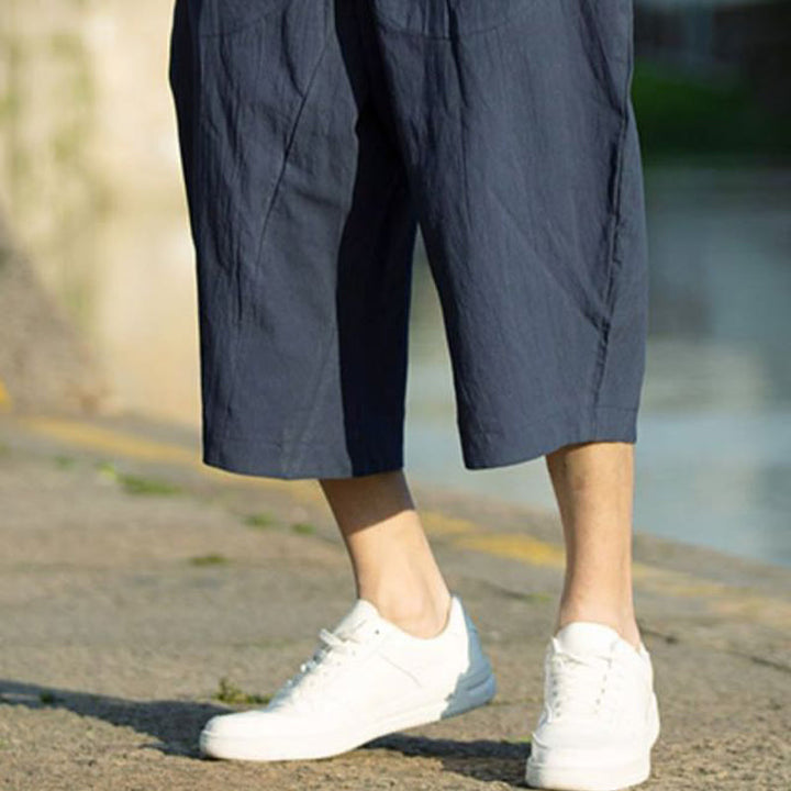 Buddha Stones Sommerhose aus Baumwollleinen mit Taschen, einfarbig, Faltendesign, Kordelzug, Herrengröße 7–8 - image 17