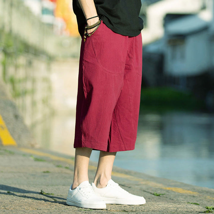 Buddha Stones Sommerhose aus Baumwollleinen mit Taschen, einfarbig, Faltendesign, Kordelzug, Herrengröße 7–8 - Purpurrot - US/ UK/AU46, EU56 (5XL) - image 18