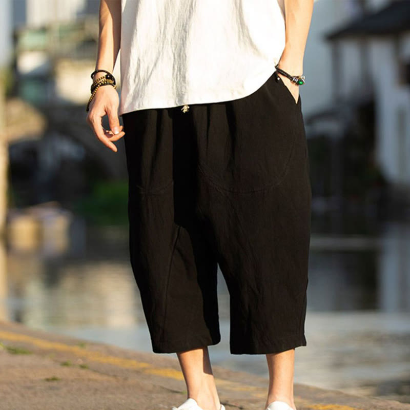 Buddha Stones Sommerhose aus Baumwollleinen mit Taschen, einfarbig, Faltendesign, Kordelzug, Herrengröße 7–8 - image 7