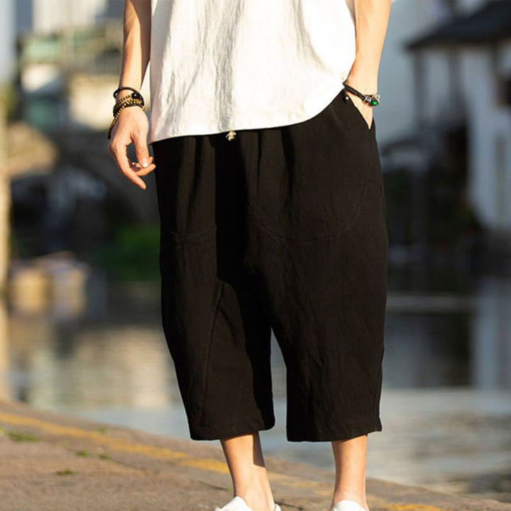 Buddha Stones Sommerhose aus Baumwollleinen mit Taschen, einfarbig, Faltendesign, Kordelzug, Herrengröße 7–8 - image 7