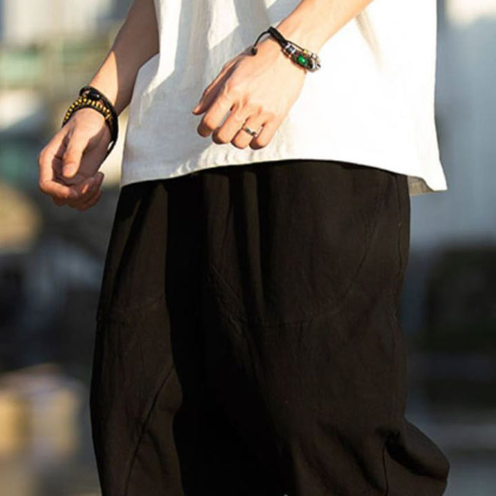 Buddha Stones Sommerhose aus Baumwollleinen mit Taschen, einfarbig, Faltendesign, Kordelzug, Herrengröße 7–8 - image 9