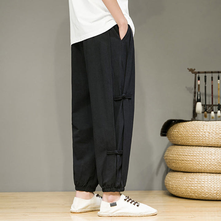 Buddha Stones Sommer Vintage Kordelzug Chinesisches Frosch-Knopf-Design Herren-Haremshose aus Baumwolle und Leinen mit Taschen - image 15