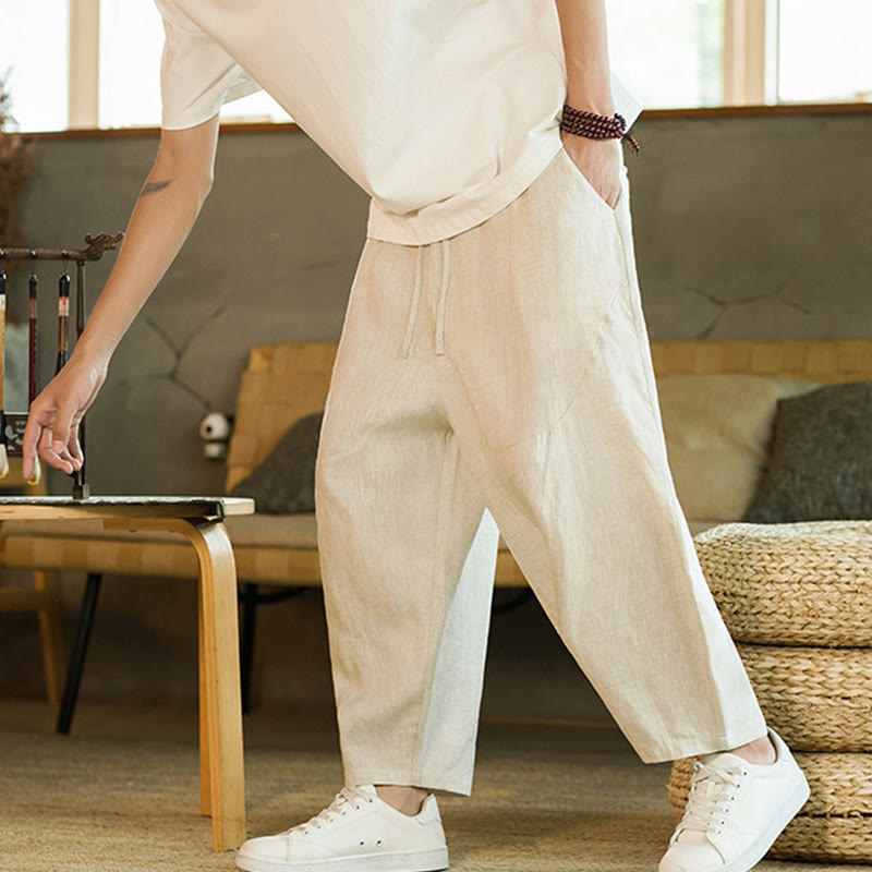 Buddha Stones Lässige Retro-Haremshose aus Leinen mit schlichtem Design, Kordelzug und elastischem Bund, mit Taschen - image 1