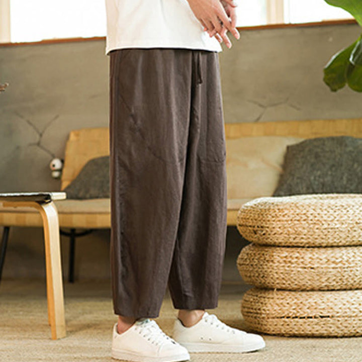 Buddha Stones Lässige Retro-Haremshose aus Leinen mit schlichtem Design, Kordelzug und elastischem Bund, mit Taschen