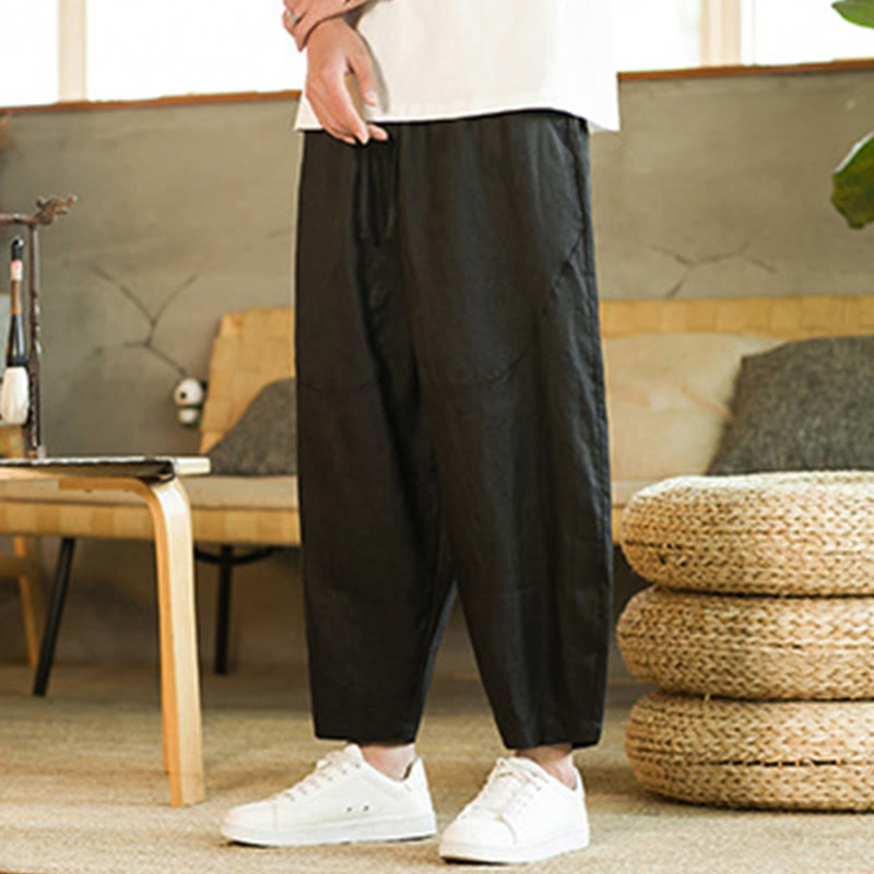 Buddha Stones Lässige Retro-Haremshose aus Leinen mit schlichtem Design, Kordelzug und elastischem Bund, mit Taschen