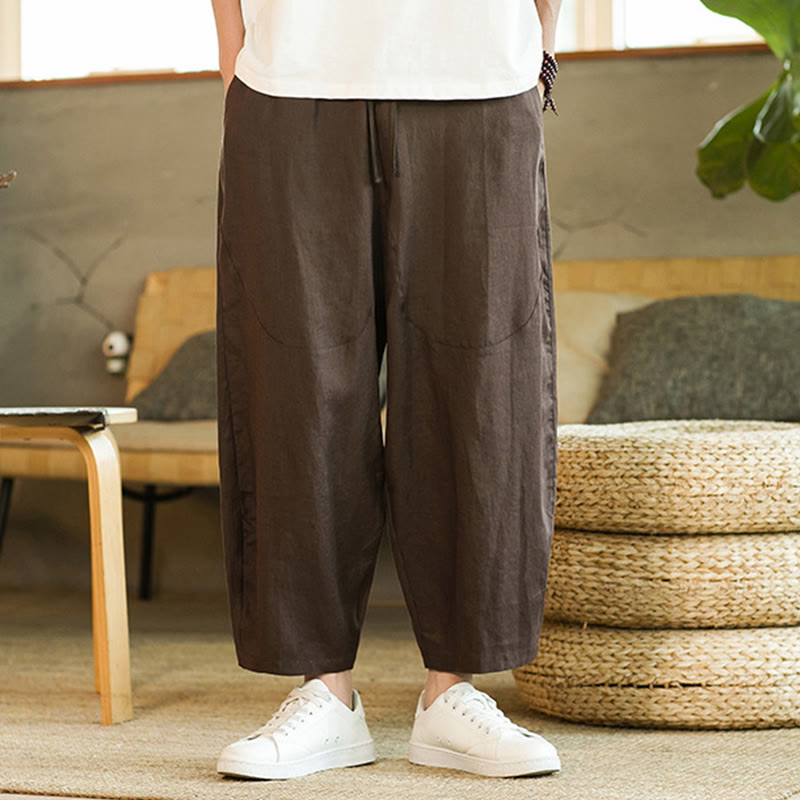 Buddha Stones Lässige Retro-Haremshose aus Leinen mit schlichtem Design, Kordelzug und elastischem Bund, mit Taschen