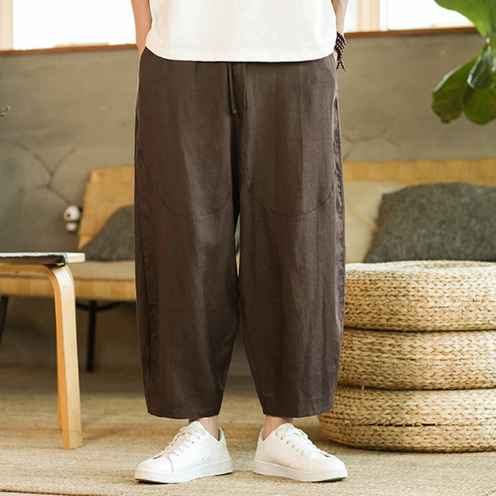 Buddha Stones Lässige Retro-Haremshose aus Leinen mit schlichtem Design, Kordelzug und elastischem Bund, mit Taschen