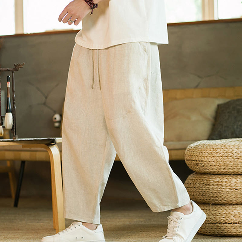Buddha Stones Lässige Retro-Haremshose aus Leinen mit schlichtem Design, Kordelzug und elastischem Bund, mit Taschen - Beige - US/ UK/AU46, EU56 (5XL) - image 0