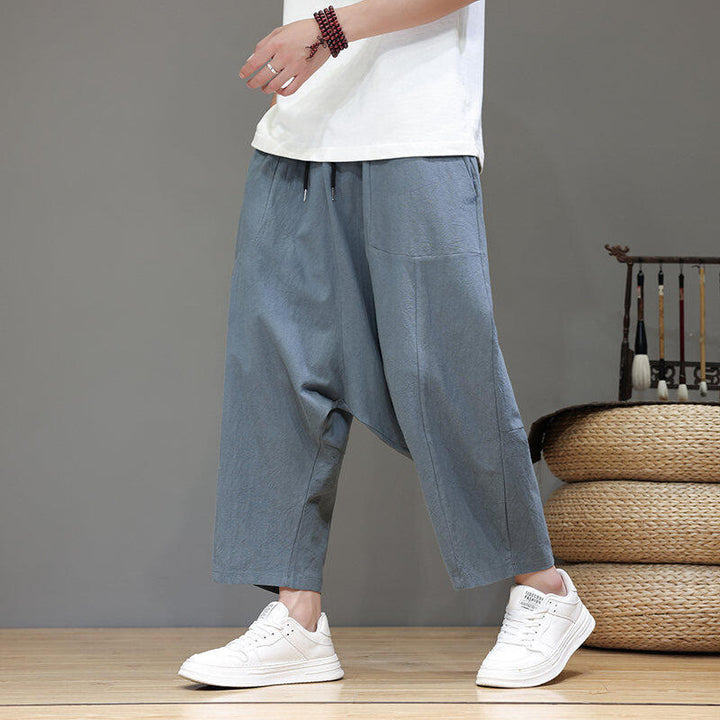 Buddha Stones Lässige, schlichte Herrenhose mit tiefem Schritt, Kordelzug, elastischer Bund, weites Bein und Taschen
