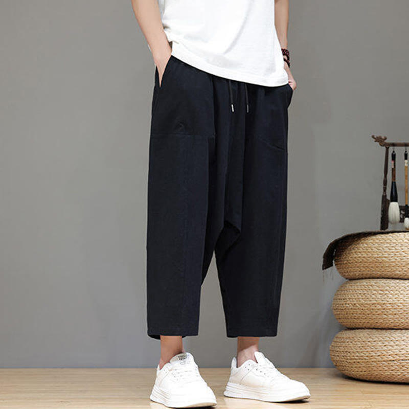 Buddha Stones Lässige, schlichte Herrenhose mit tiefem Schritt, Kordelzug, elastischer Bund, weites Bein und Taschen