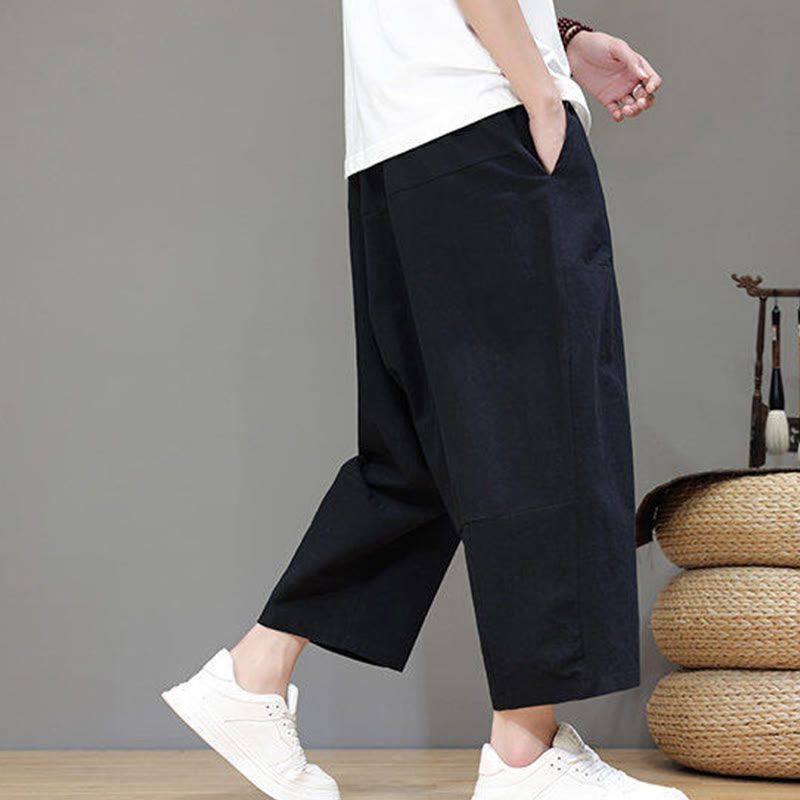 Buddha Stones Lässige, schlichte Herrenhose mit tiefem Schritt, Kordelzug, elastischer Bund, weites Bein und Taschen