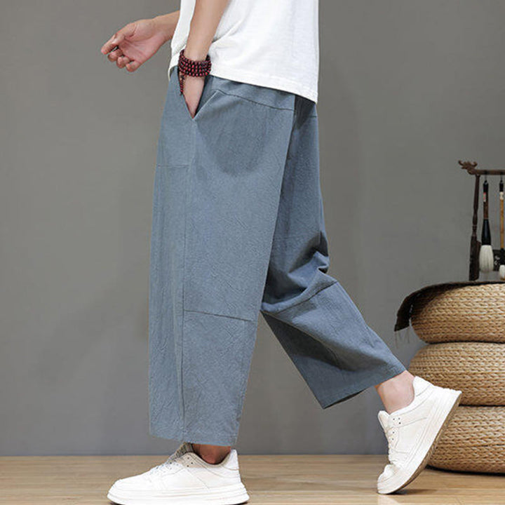 Buddha Stones Lässige, schlichte Herrenhose mit tiefem Schritt, Kordelzug, elastischer Bund, weites Bein und Taschen