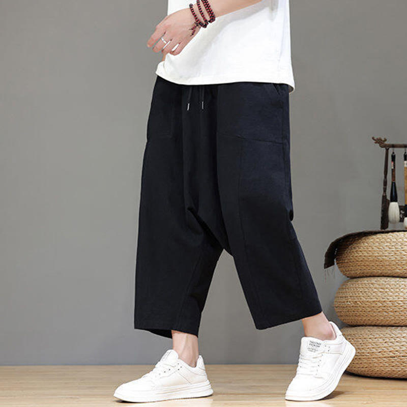 Buddha Stones Lässige, schlichte Herrenhose mit tiefem Schritt, Kordelzug, elastischer Bund, weites Bein und Taschen