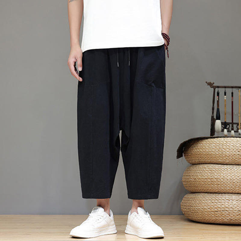 Buddha Stones Lässige, schlichte Herrenhose mit tiefem Schritt, Kordelzug, elastischer Bund, weites Bein und Taschen