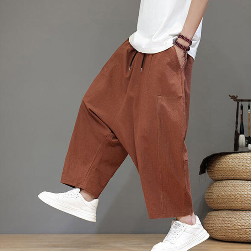 Buddha Stones Lässige, schlichte Herrenhose mit tiefem Schritt, Kordelzug, elastischer Bund, weites Bein und Taschen