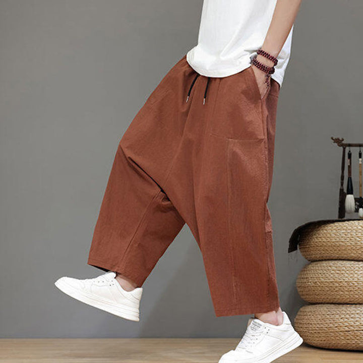 Buddha Stones Lässige, schlichte Herrenhose mit tiefem Schritt, Kordelzug, elastischer Bund, weites Bein und Taschen