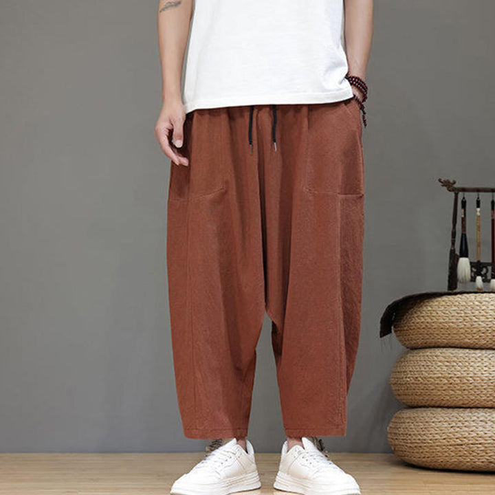 Buddha Stones Lässige, schlichte Herrenhose mit tiefem Schritt, Kordelzug, elastischer Bund, weites Bein und Taschen