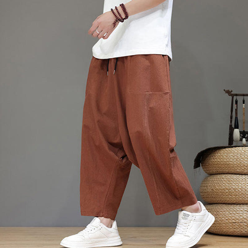 Buddha Stones Lässige, schlichte Herrenhose mit tiefem Schritt, Kordelzug, elastischer Bund, weites Bein und Taschen