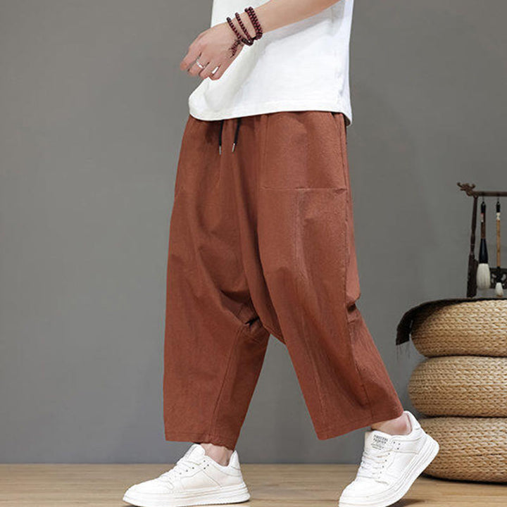 Buddha Stones Lässige, schlichte Herrenhose mit tiefem Schritt, Kordelzug, elastischer Bund, weites Bein und Taschen