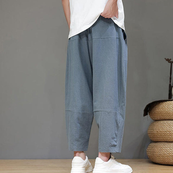 Buddha Stones Lässige, schlichte Herrenhose mit tiefem Schritt, Kordelzug, elastischer Bund, weites Bein und Taschen