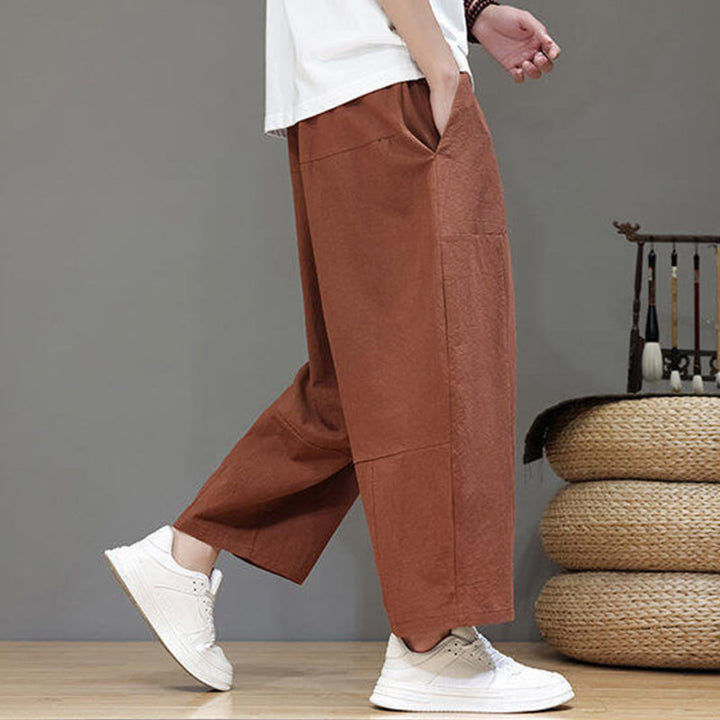 Buddha Stones Lässige, schlichte Herrenhose mit tiefem Schritt, Kordelzug, elastischer Bund, weites Bein und Taschen