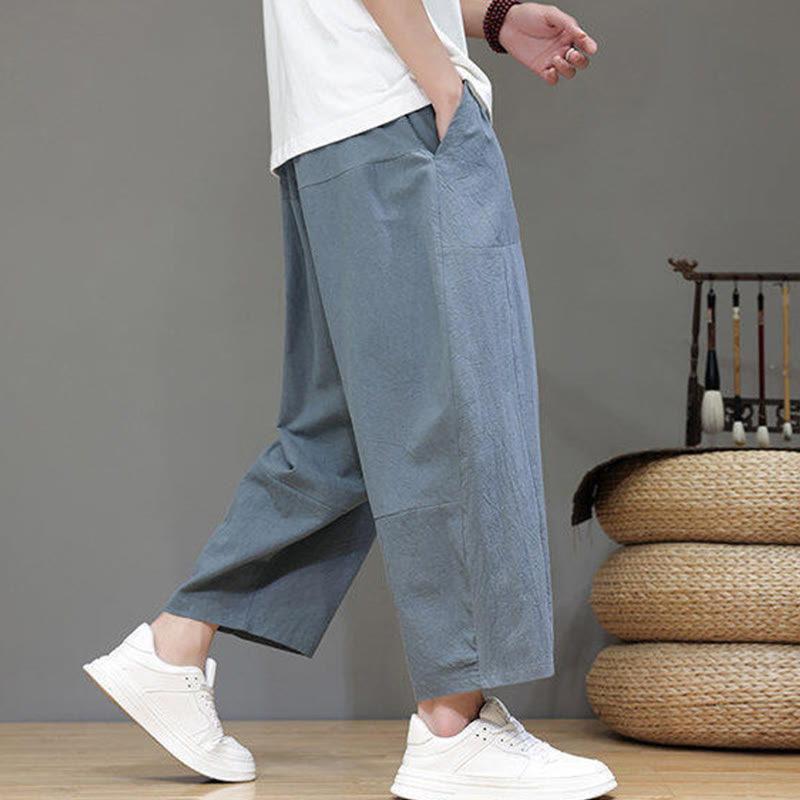 Buddha Stones Lässige, schlichte Herrenhose mit tiefem Schritt, Kordelzug, elastischer Bund, weites Bein und Taschen