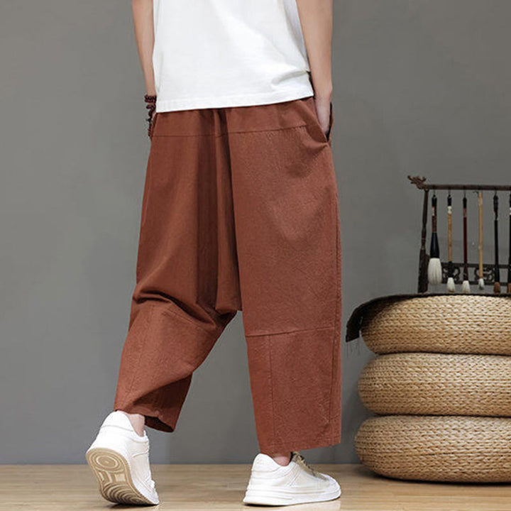 Buddha Stones Lässige, schlichte Herrenhose mit tiefem Schritt, Kordelzug, elastischer Bund, weites Bein und Taschen