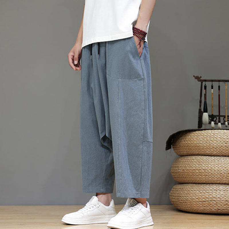 Buddha Stones Lässige, schlichte Herrenhose mit tiefem Schritt, Kordelzug, elastischer Bund, weites Bein und Taschen