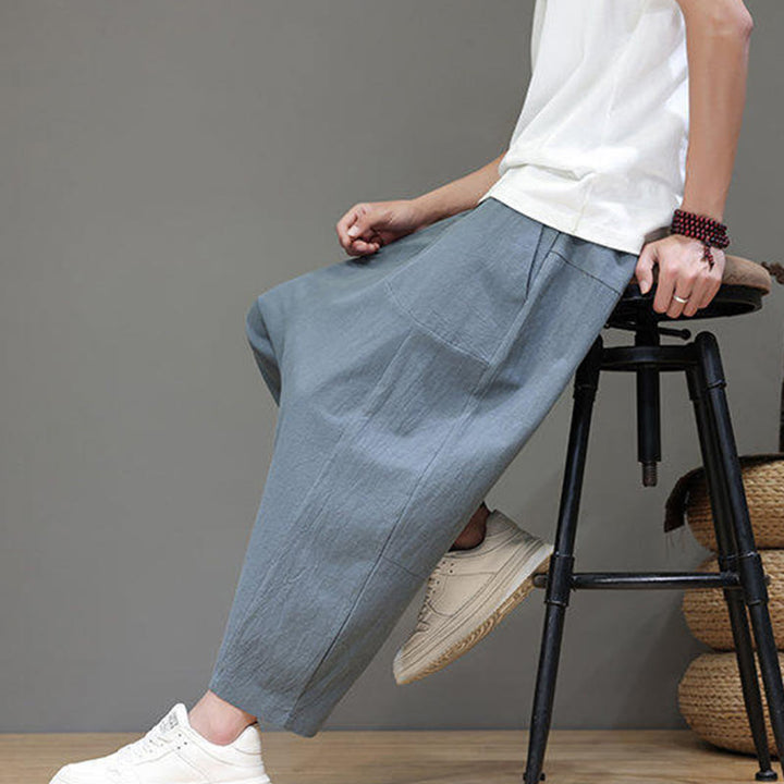 Buddha Stones Lässige, schlichte Herrenhose mit tiefem Schritt, Kordelzug, elastischer Bund, weites Bein und Taschen