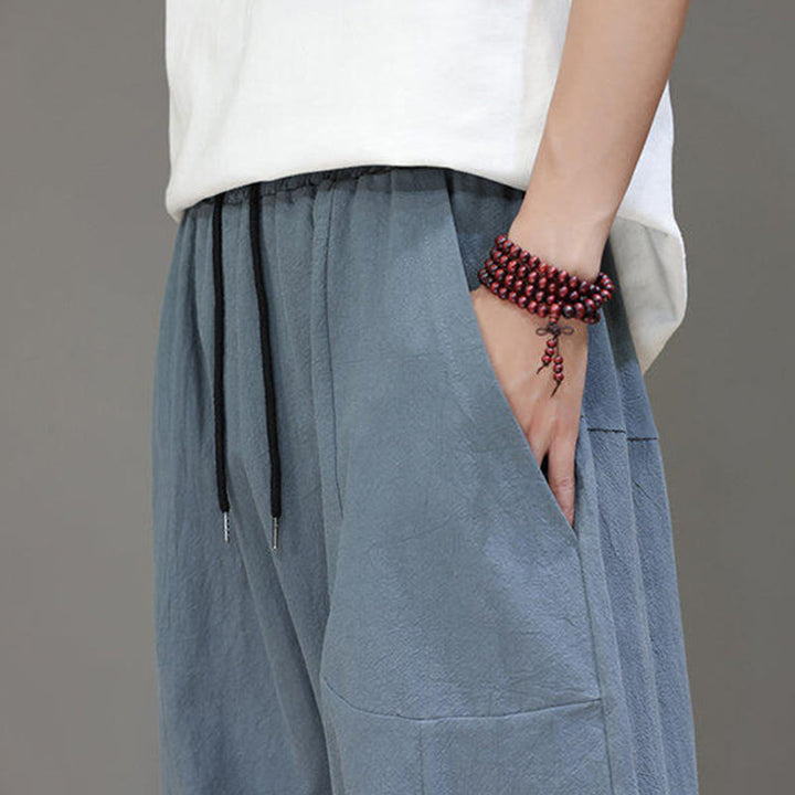 Buddha Stones Lässige, schlichte Herrenhose mit tiefem Schritt, Kordelzug, elastischer Bund, weites Bein und Taschen