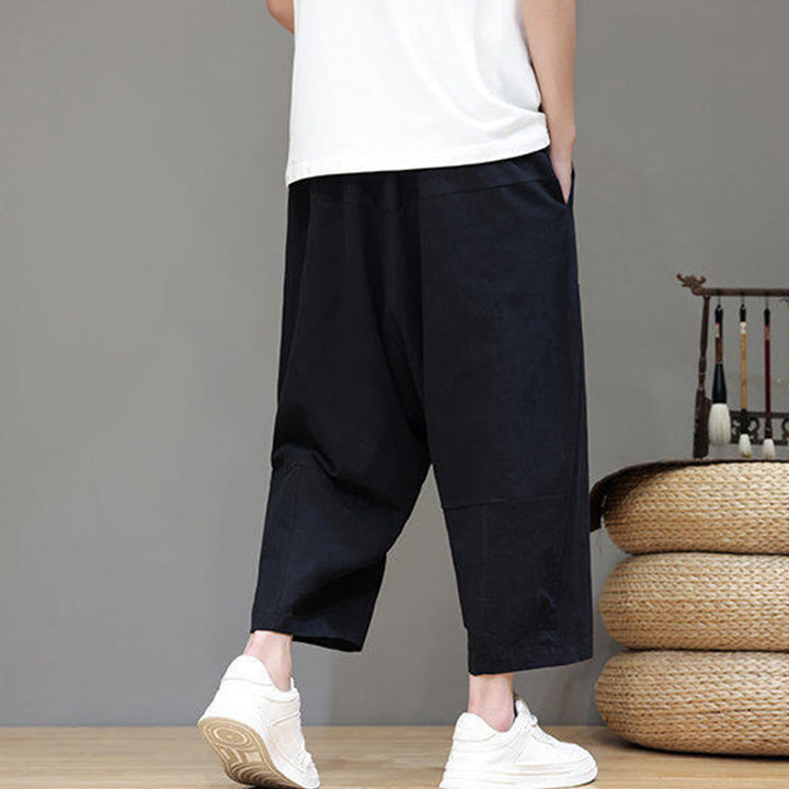 Buddha Stones Lässige, schlichte Herrenhose mit tiefem Schritt, Kordelzug, elastischer Bund, weites Bein und Taschen