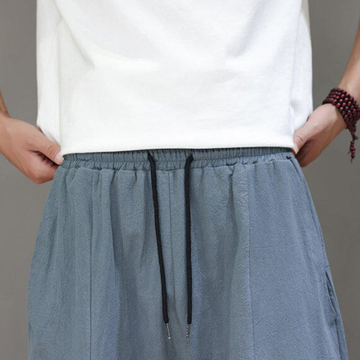Buddha Stones Lässige, schlichte Herrenhose mit tiefem Schritt, Kordelzug, elastischer Bund, weites Bein und Taschen