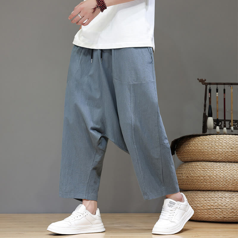 Buddha Stones Lässige, schlichte Herrenhose mit tiefem Schritt, Kordelzug, elastischer Bund, weites Bein und Taschen