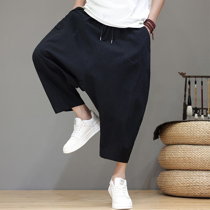 Buddha Stones Lässige, schlichte Herrenhose mit tiefem Schritt, Kordelzug, elastischer Bund, weites Bein und Taschen
