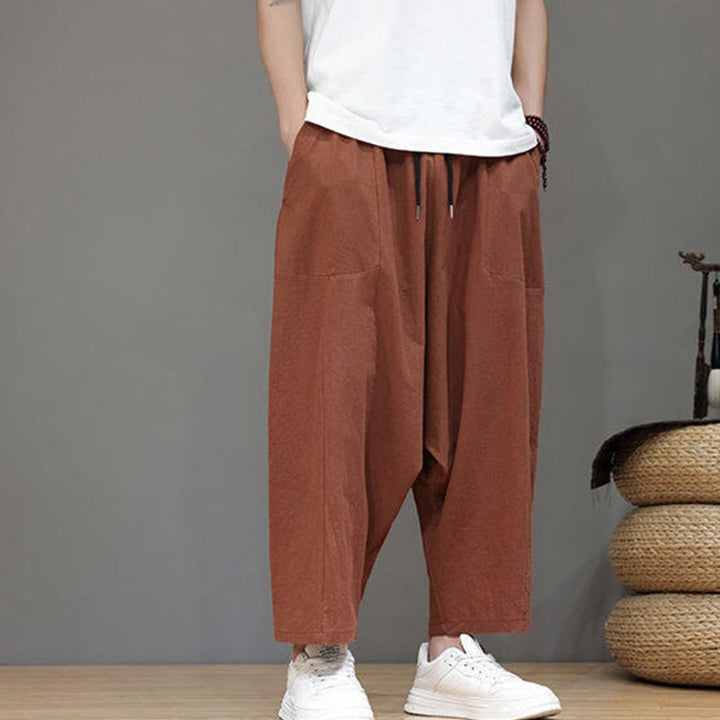 Buddha Stones Lässige, schlichte Herrenhose mit tiefem Schritt, Kordelzug, elastischer Bund, weites Bein und Taschen