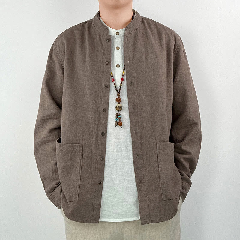 Buddha Stones Lässiges, einfarbiges Herrenhemd aus Ramie-Leinen-Baumwolle mit Taschen - Sattelbraun - US/ UK/AU42, EU52 (3XL) - image 8