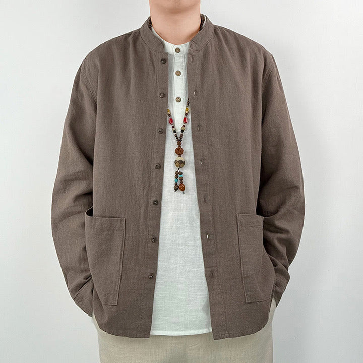 Buddha Stones Lässiges, einfarbiges Herrenhemd aus Ramie-Leinen-Baumwolle mit Taschen - Sattelbraun - US/ UK/AU42, EU52 (3XL) - image 8