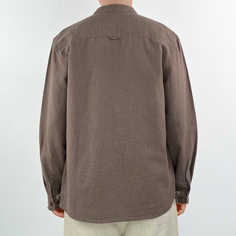 Buddha Stones Lässiges, einfarbiges Herrenhemd aus Ramie-Leinen-Baumwolle mit Taschen - image 10