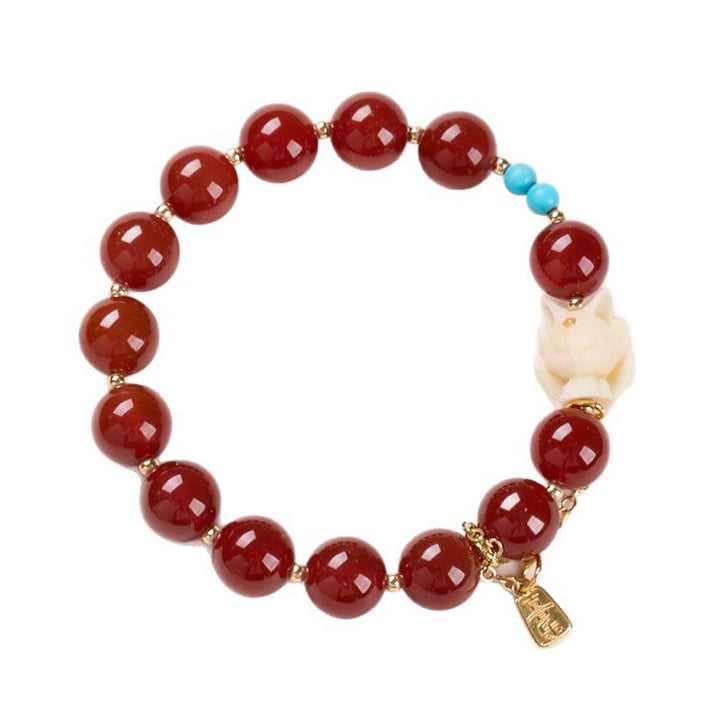 Buddha Stones Armband mit neunschwänzigem Fuchs, Freude, roter Achat, elfenbeinfarbene Frucht, Kupferplattiertes Gold, Vertrauen