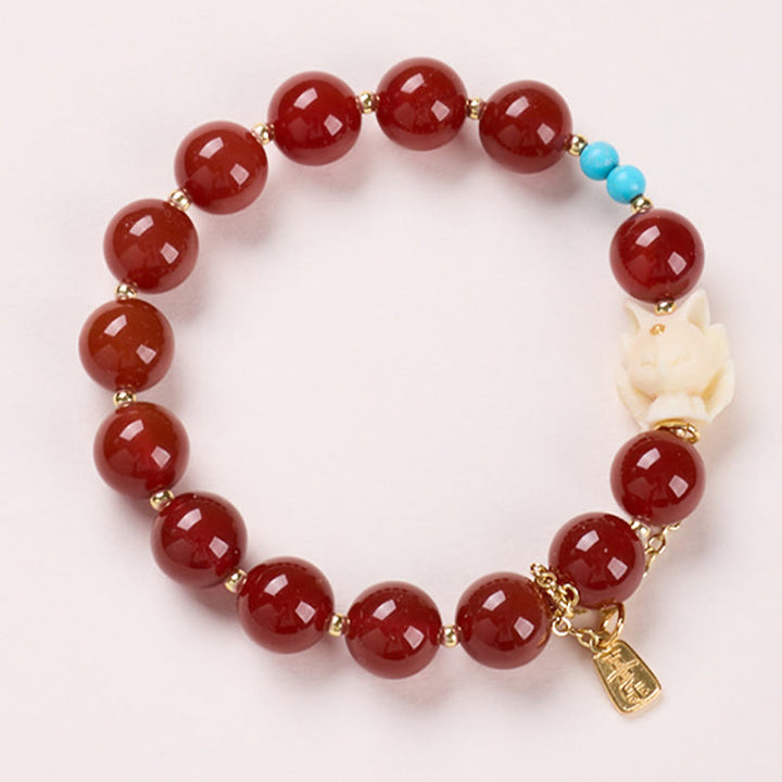 Buddha Stones Armband mit neunschwänzigem Fuchs, Freude, roter Achat, elfenbeinfarbene Frucht, Kupferplattiertes Gold, Vertrauen