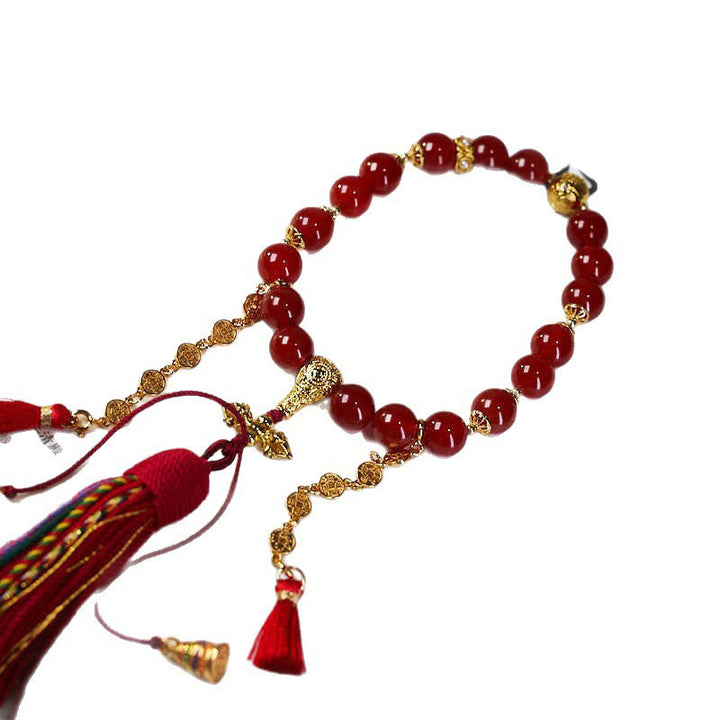 Buddha Stones, 18 Perlen, Kupfermünzen, Tibet-Quaste, roter Achat, ruhiges Handgelenk, Mala