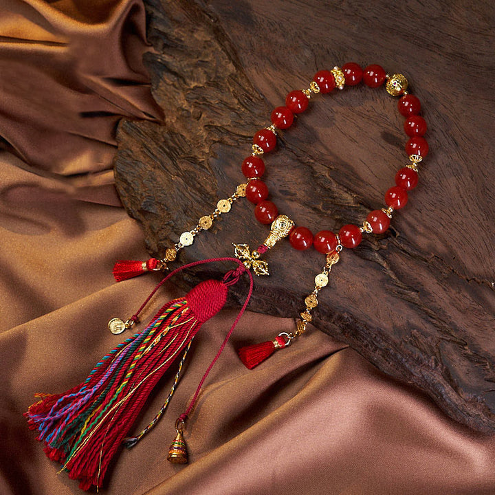 Buddha Stones, 18 Perlen, Kupfermünzen, Tibet-Quaste, roter Achat, ruhiges Handgelenk, Mala