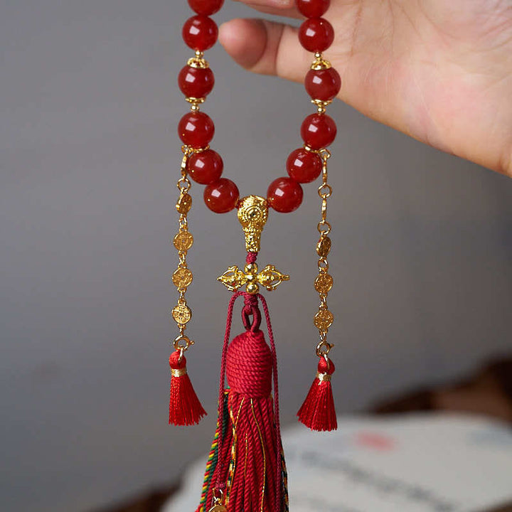 Buddha Stones, 18 Perlen, Kupfermünzen, Tibet-Quaste, roter Achat, ruhiges Handgelenk, Mala