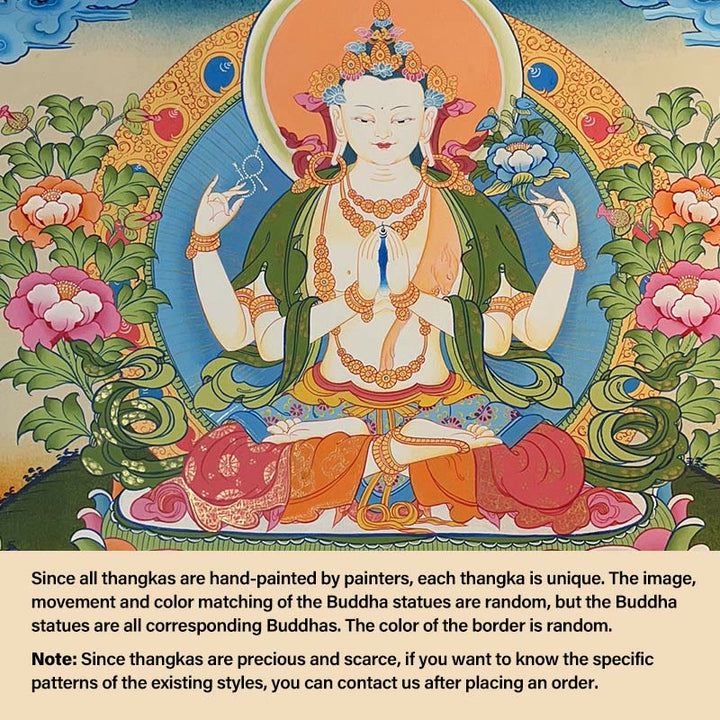 Buddha Stones, tibetisches Thangka-Gemälde, gelber Gott des Reichtums, grüne Tara, Avalokitesvara, handgefertigte Dekoration, Blindbox (zufälliger Stil) - 27,56 x 21,6 Zoll / 70 x 55 cm Vierarmiger Avalokiteshvara (Zufälliger Thangka-Stil, bitte kontaktieren Sie den Kundenservice, um die verfügbaren Stile anzuzeigen) - image 13
