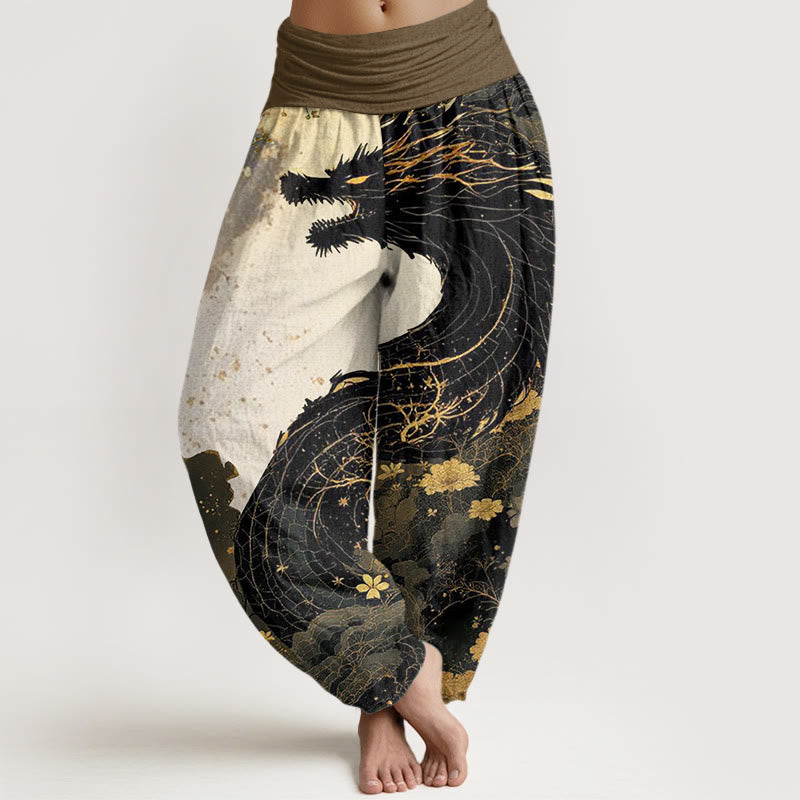 Lässige Haremshose mit Buddha Stones und Drachen-Muster, antikes Baummuster, elastische Taille für Damen - Schwarz - US22， UK/AU26，EU54 (6XL) - image 1