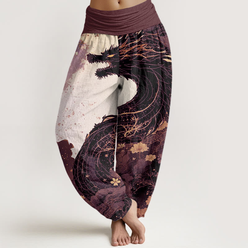 Lässige Haremshose mit Buddha Stones und Drachen-Muster, antikes Baummuster, elastische Taille für Damen - RosyBrown - US22， UK/AU26，EU54 (6XL) - image 5