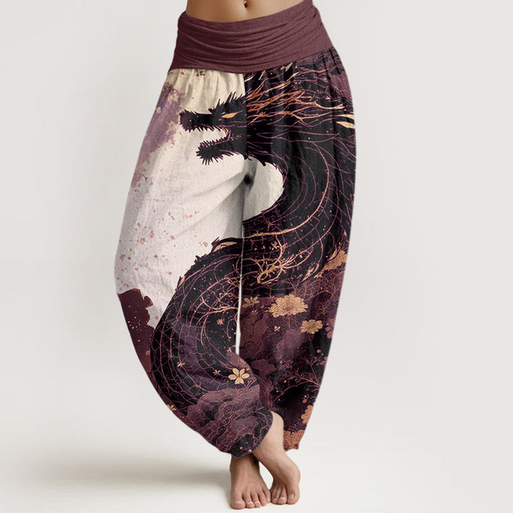 Lässige Haremshose mit Buddha Stones und Drachen-Muster, antikes Baummuster, elastische Taille für Damen - RosyBrown - US22， UK/AU26，EU54 (6XL) - image 5