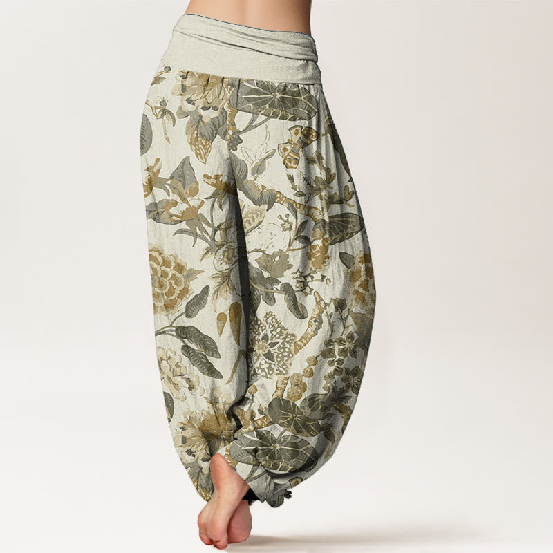 Buddha Stones Damen-Haremshose aus reiner Baumwolle mit Lotusblatt-Pfingstrosen-Muster und elastischer Taille