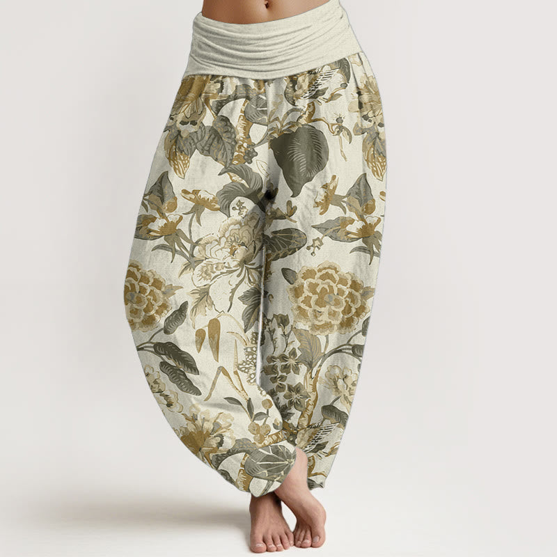 Buddha Stones Damen-Haremshose aus reiner Baumwolle mit Lotusblatt-Pfingstrosen-Muster und elastischer Taille