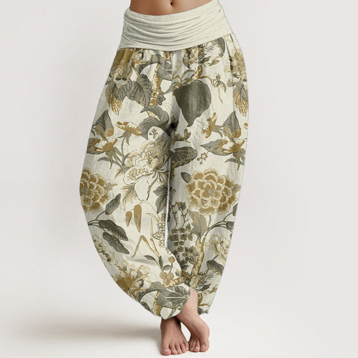 Buddha Stones Damen-Haremshose aus reiner Baumwolle mit Lotusblatt-Pfingstrosen-Muster und elastischer Taille